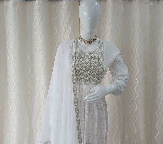 White Straight Cut 3 - Piece Suit with Dupatta and Sleeveless with Attached Sleeves