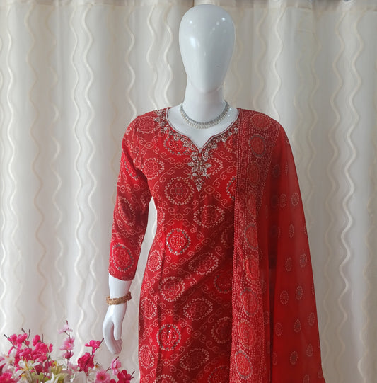 Bandhini Straight Cut 3 - Piece Suit with Duppatta and With 3/4 Sleeves