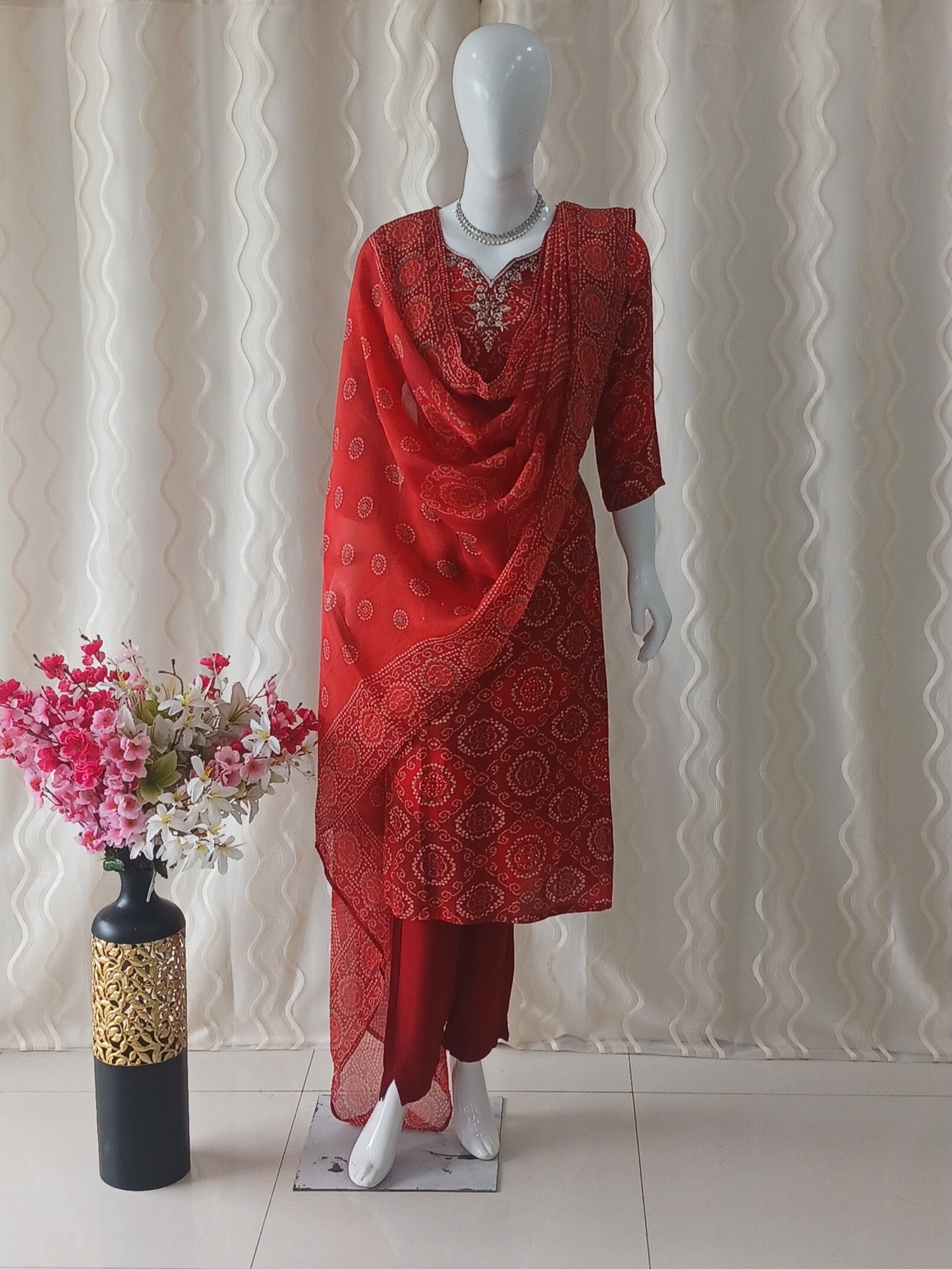 Bandhini Straight Cut 3 - Piece Suit with Duppatta and With 3/4 Sleeves