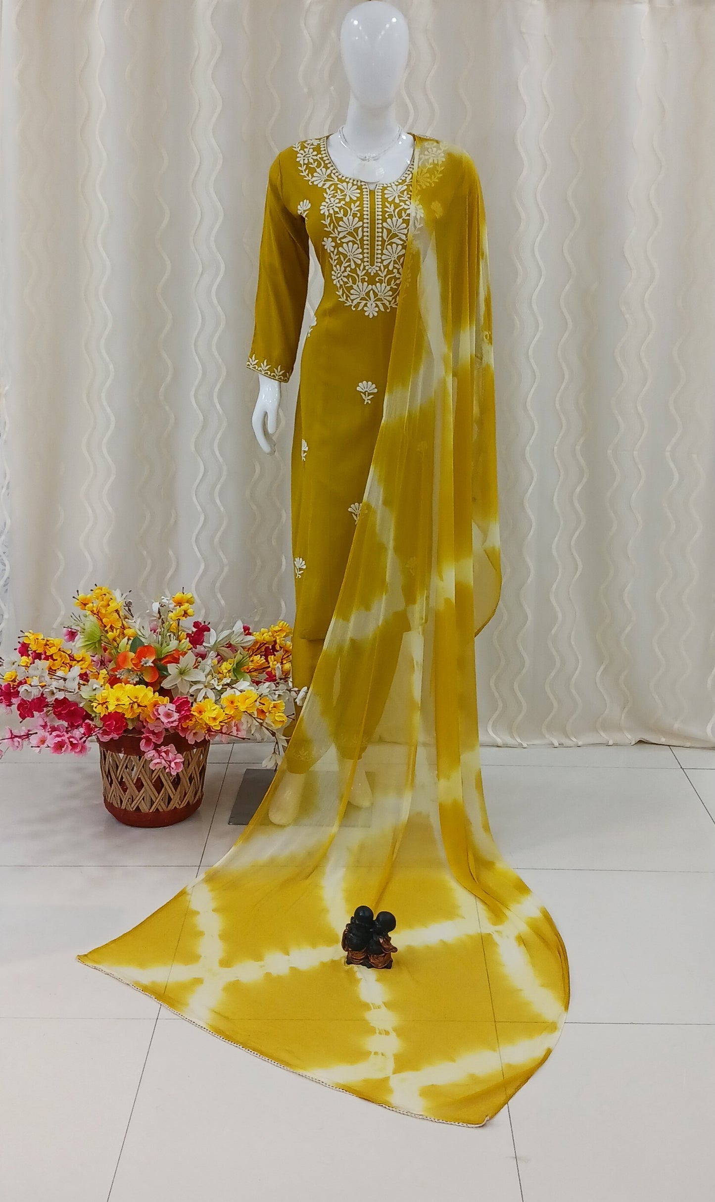 Straight Cut 3 - Piece Suit with Dupatta With 3/4 Sleeves