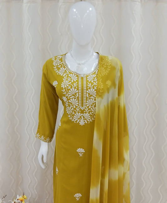 Straight Cut 3 - Piece Suit with Dupatta With 3/4 Sleeves