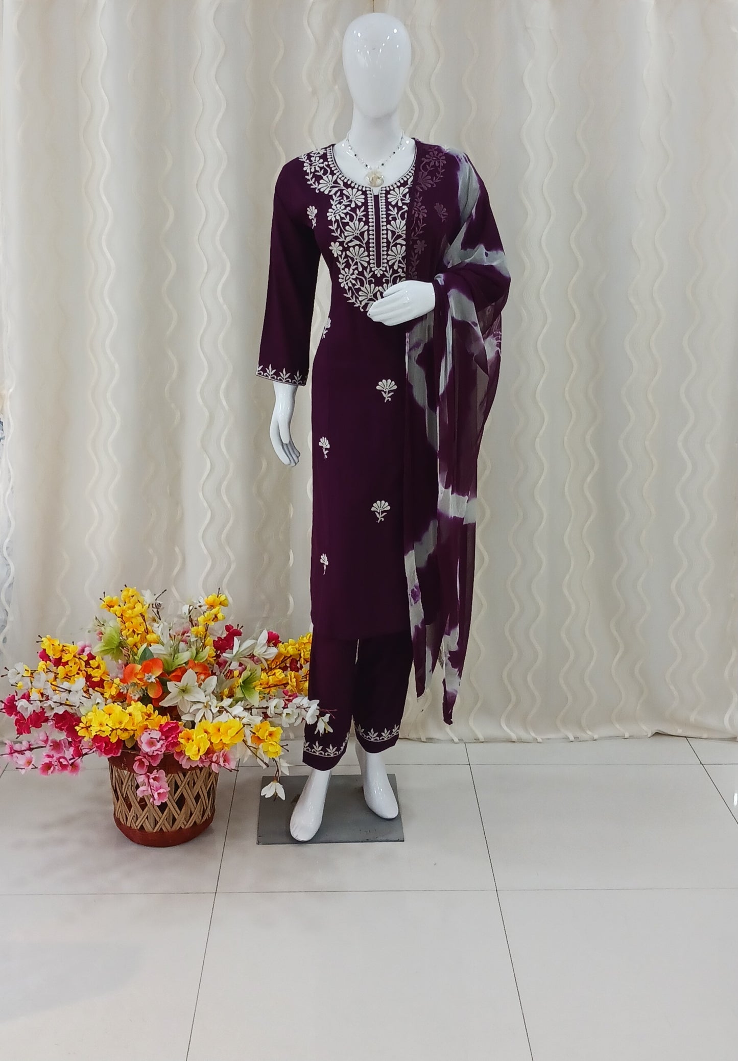 Straight Cut 3 - Piece Suit with Dupatta With 3/4 Sleeves