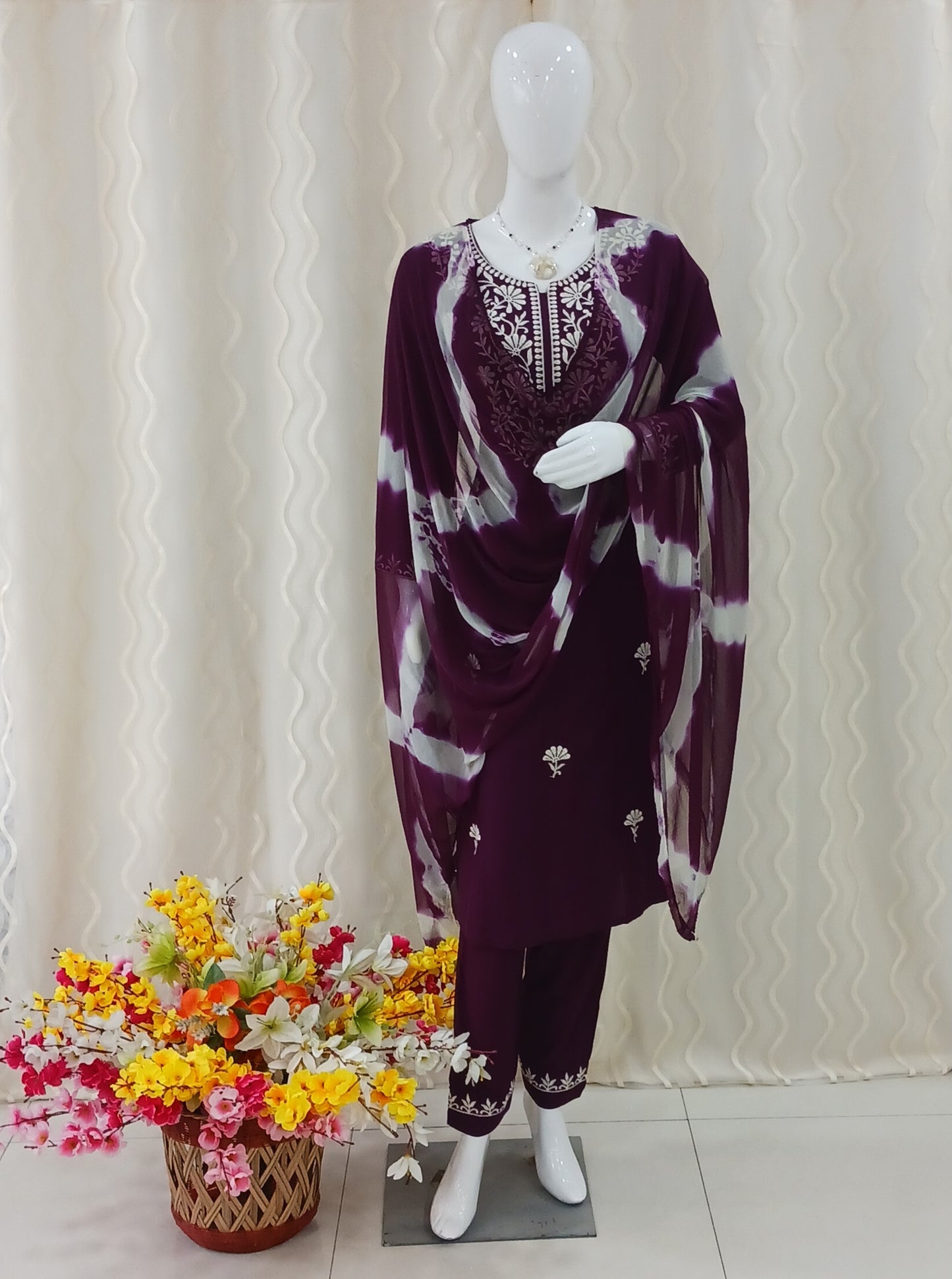 Straight Cut 3 - Piece Suit with Dupatta With 3/4 Sleeves