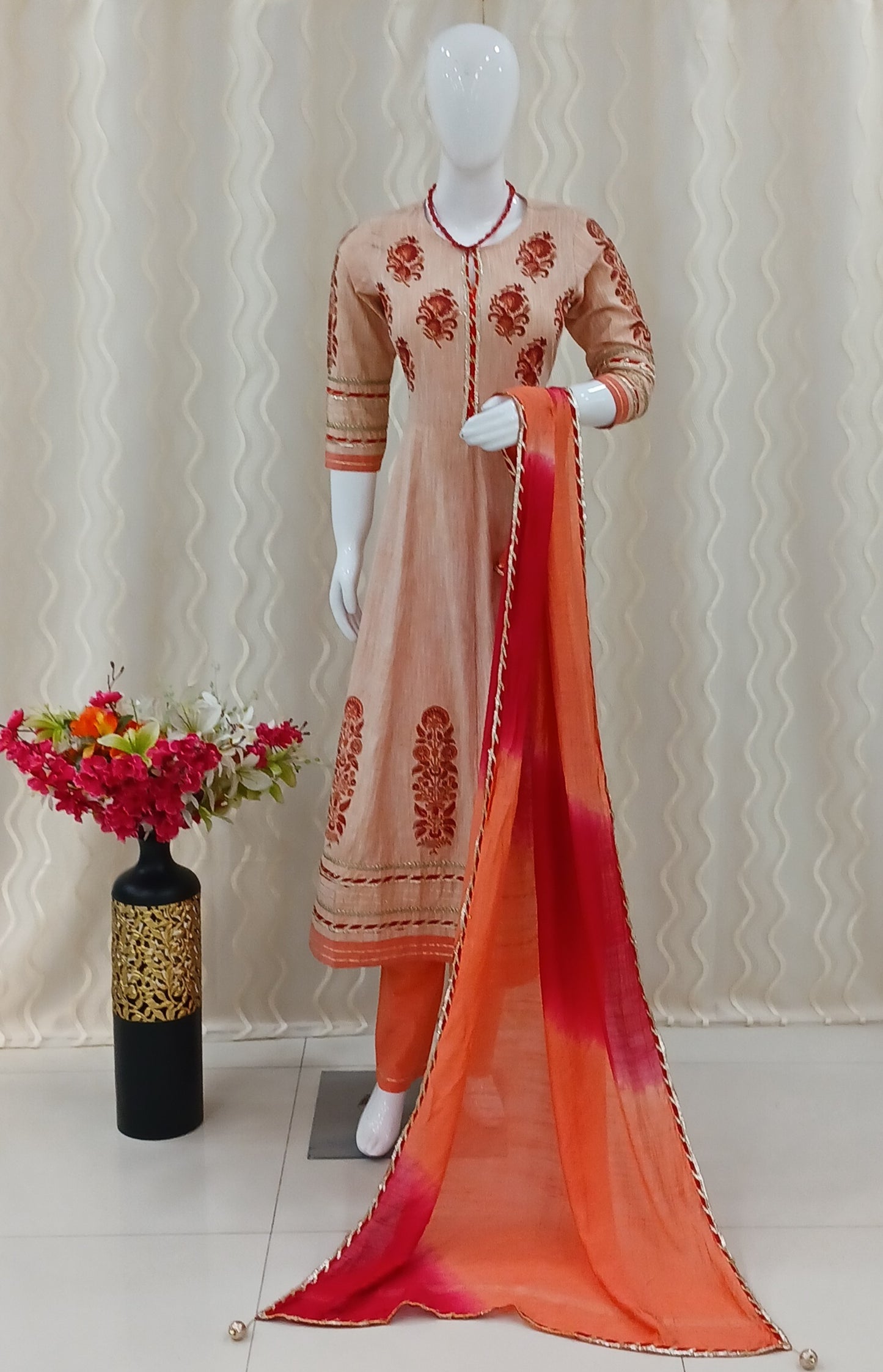 Anarkali Straight Cut 3 - Piece Suit with Dupatta and With 3/4 Sleeves