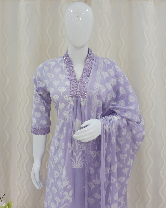 Anarkali Cut 3-Piece Suit with Dupatta and 3/4 Sleeves