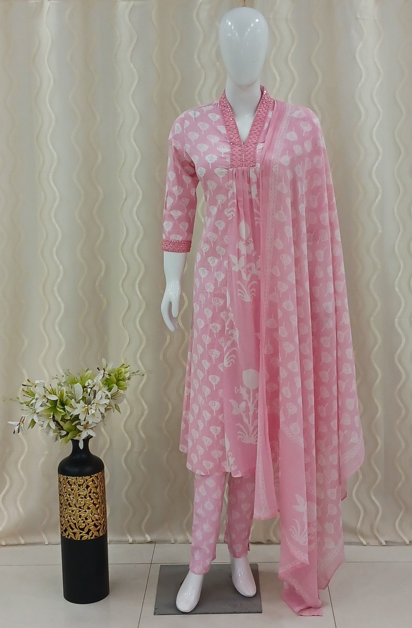 Anarkali Cut 3-Piece Suit with Dupatta and 3/4 Sleeves.