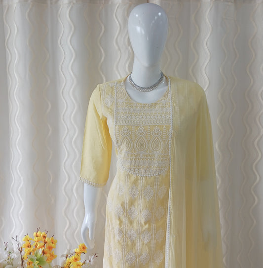 Straight Cut 3-Piece Suit with Dupatta and 3/4 Sleeves