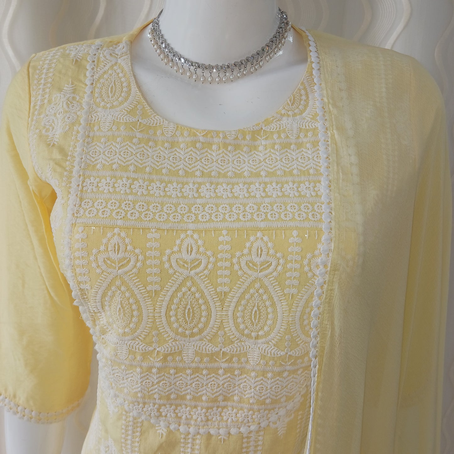 Straight Cut 3-Piece Suit with Dupatta and 3/4 Sleeves