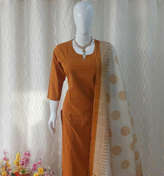 Straight Cut 3-Piece Suit with Dupatta and 3/4 Sleeves