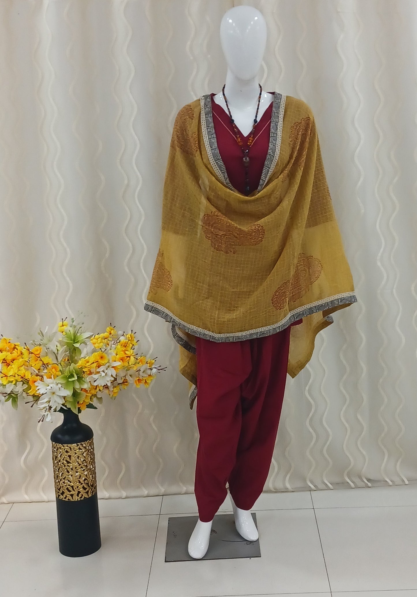 Straight Cut Patiyala Pant 3-Piece Suit with Dupatta and 3/4 Sleeves