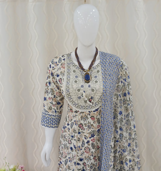 Anarkali Cut 3-Piece Suit with Dupatta and 3/4 Sleeves