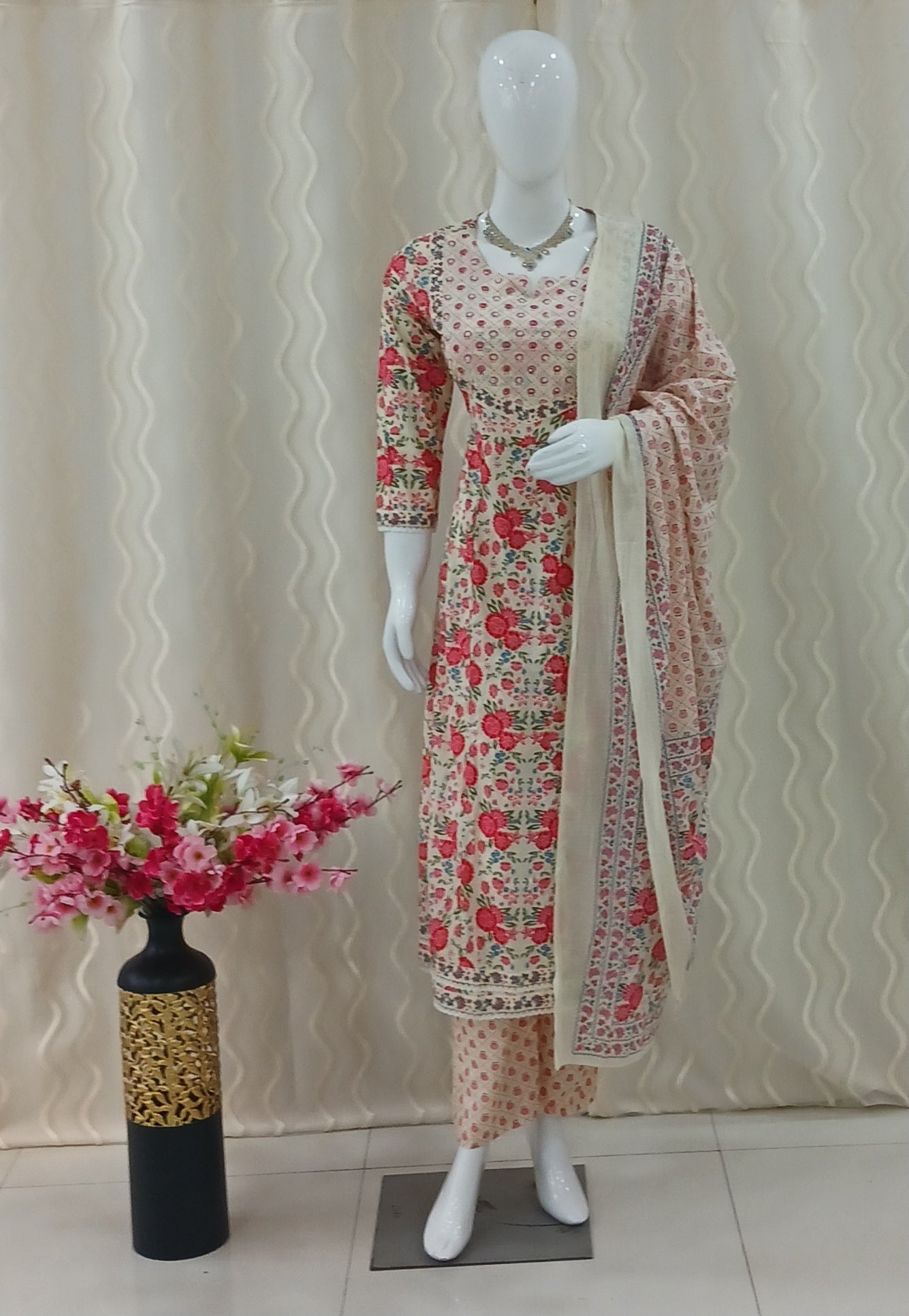 Anarkali Cut 3-Piece Suit with Dupatta and 3/4 Sleeves