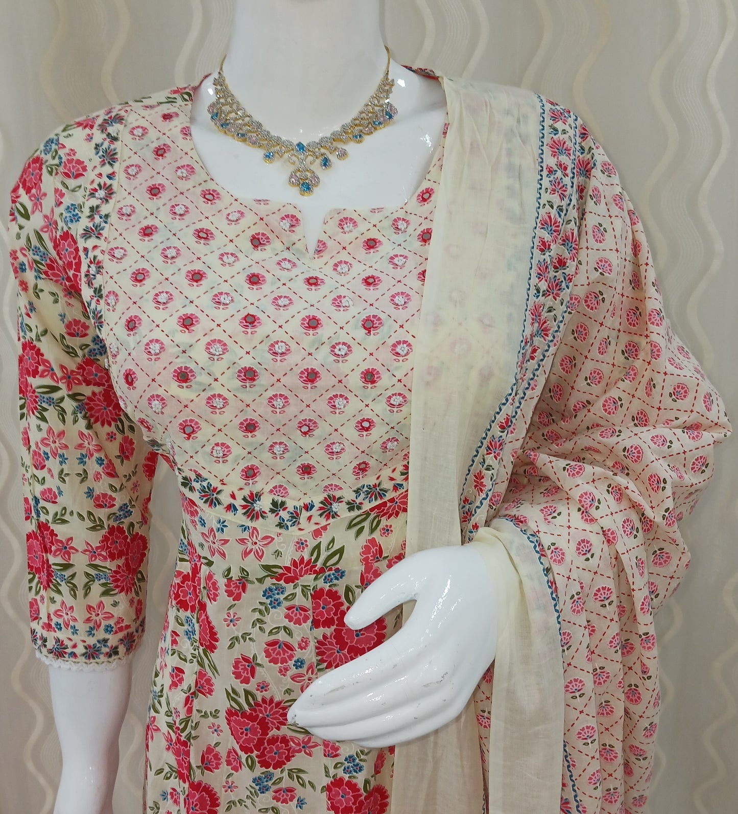 Anarkali Cut 3-Piece Suit with Dupatta and 3/4 Sleeves