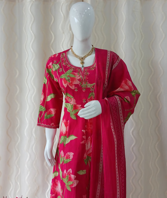 Anarkali Cut 3-Piece Suit with Dupatta and 3/4 Sleeves