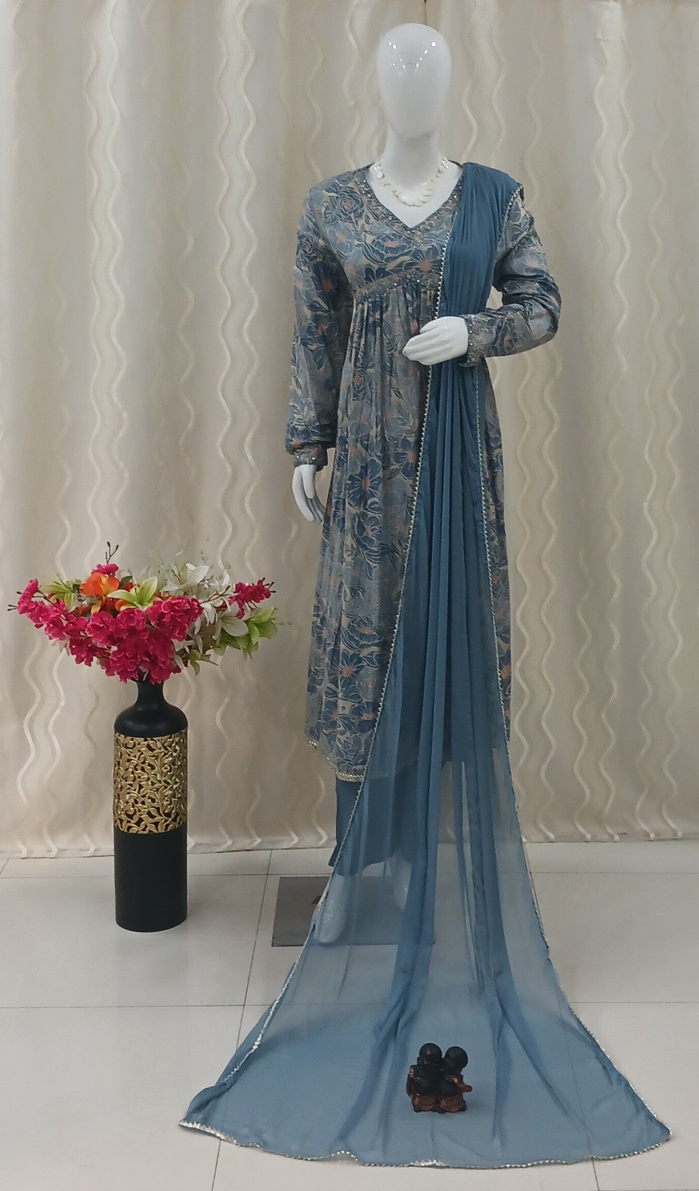 Anarkali Cut 3-Piece Suit with Dupatta and 3/4 Sleeves