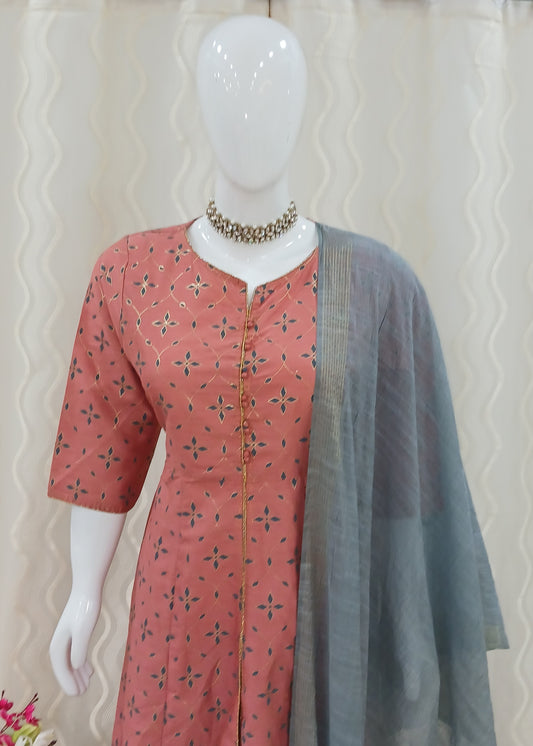 Anarkali Cut 3-Piece Suit with Dupatta and 3/4 Sleeves