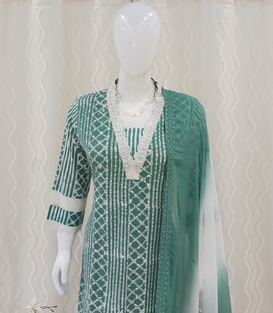 Straight Cut 3-Piece Suit with Dupatta and 3/4 Sleeves