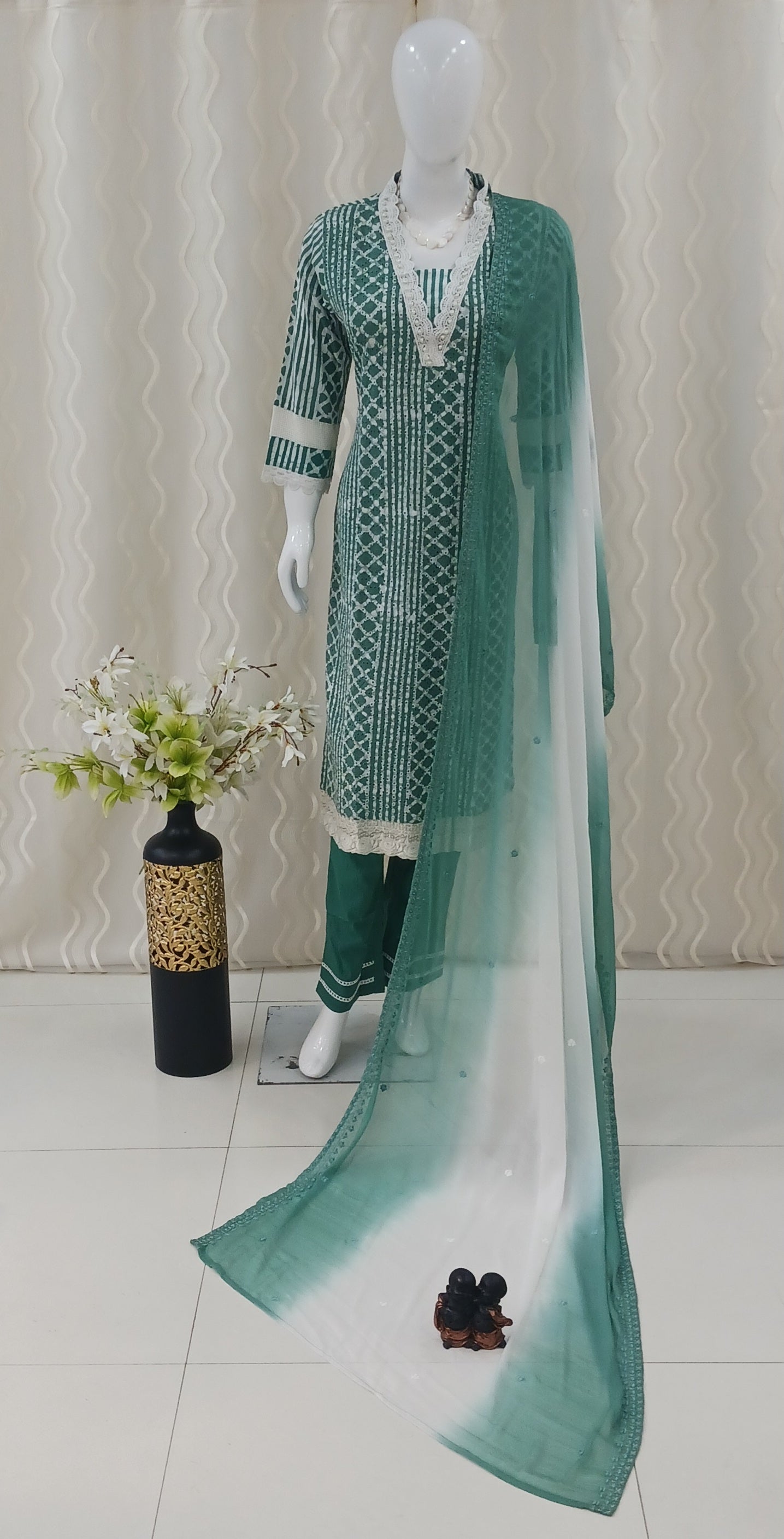 Straight Cut 3-Piece Suit with Dupatta and 3/4 Sleeves