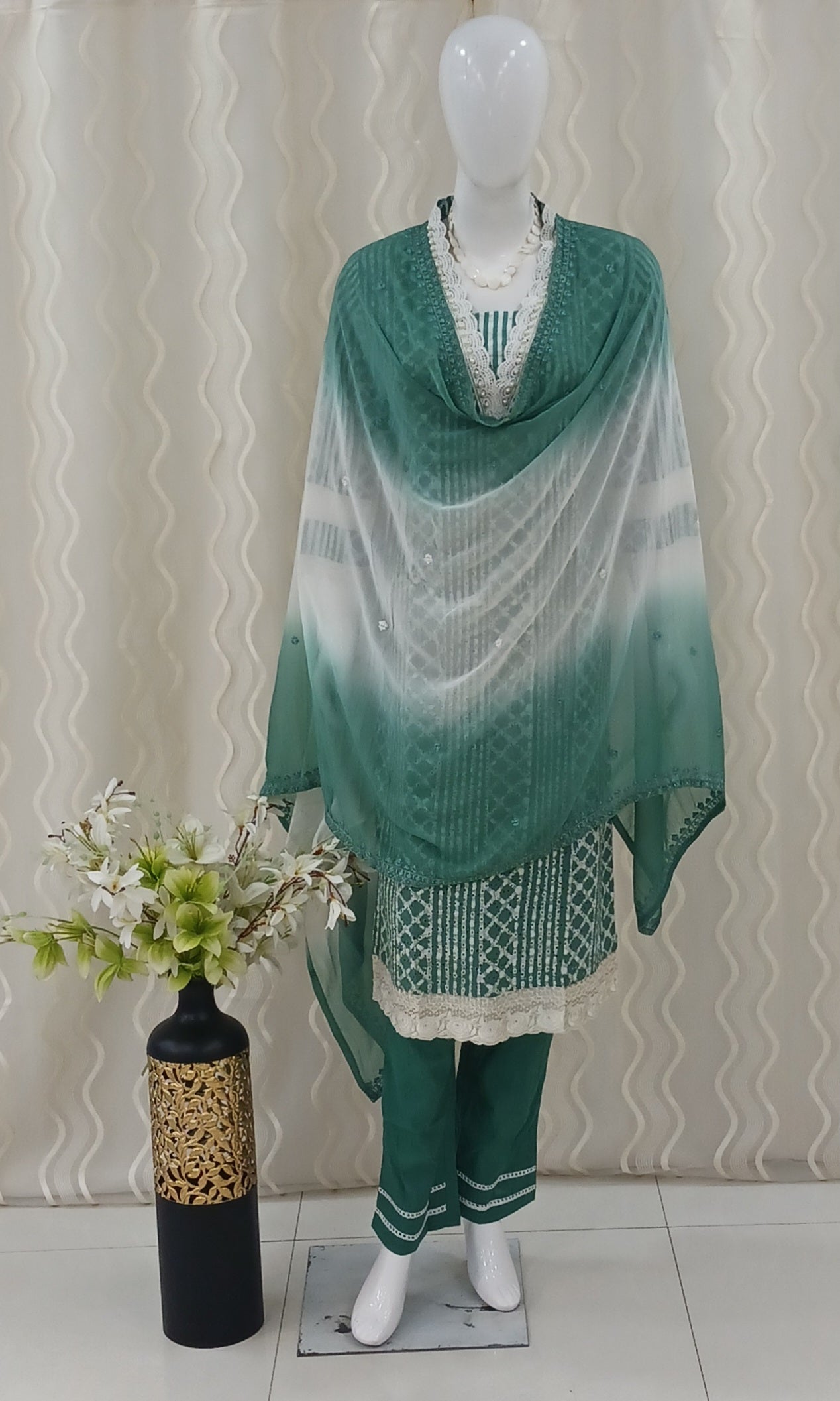 Straight Cut 3-Piece Suit with Dupatta and 3/4 Sleeves