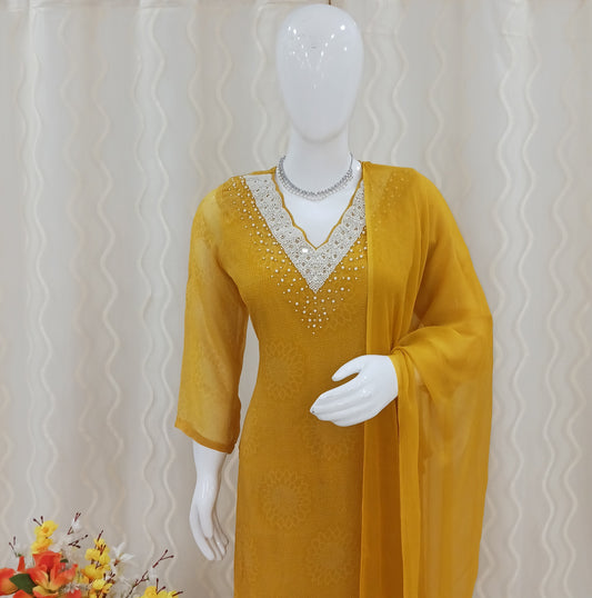 Straight Cut 3-Piece Suit with Dupatta and 3/4 Sleeves