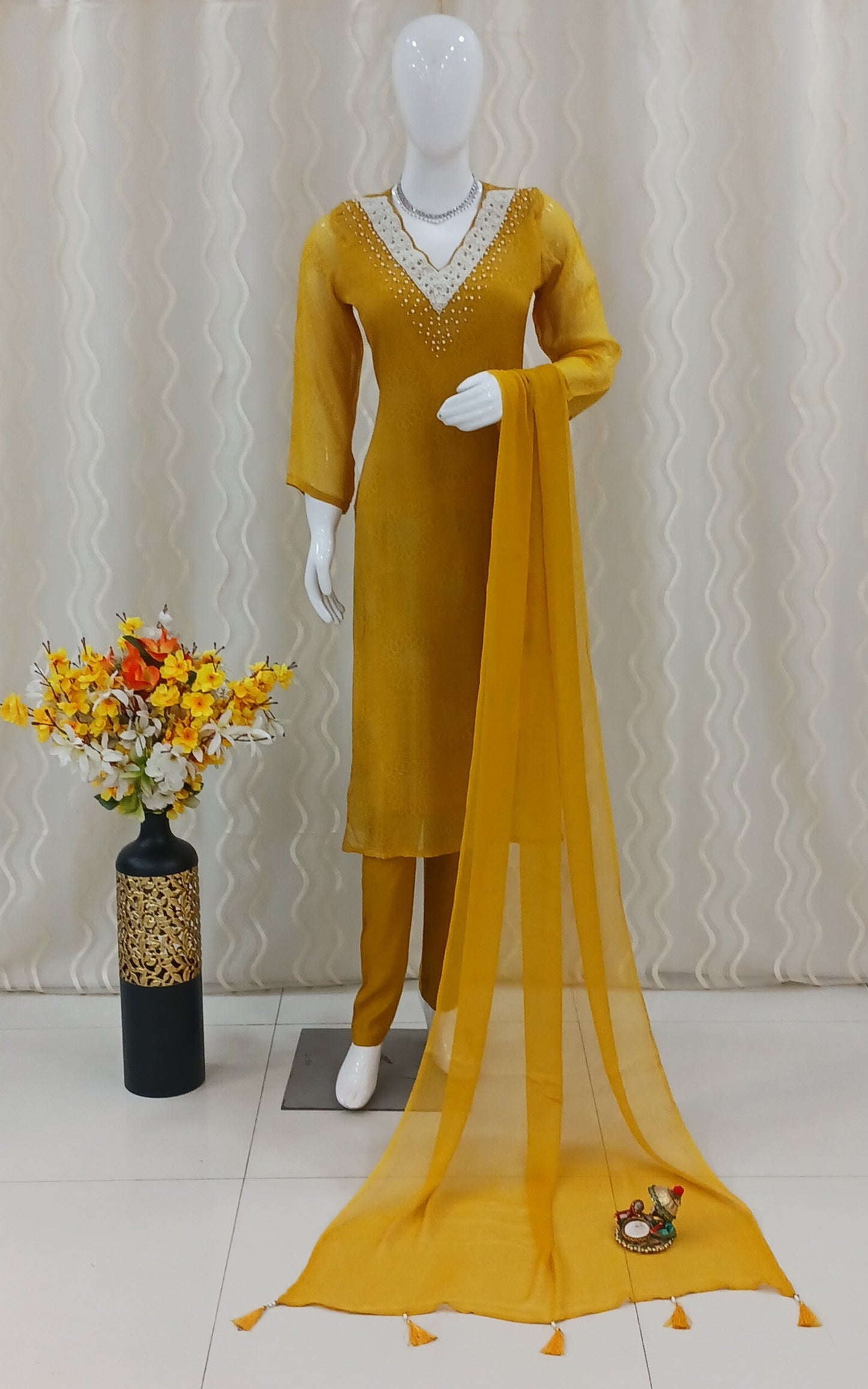 Straight Cut 3-Piece Suit with Dupatta and 3/4 Sleeves
