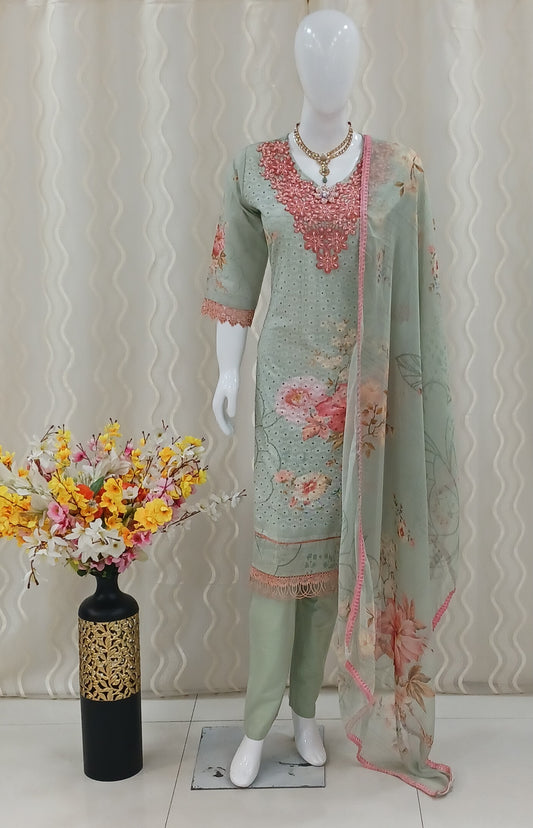 Straight Cut 3-Piece Suit with Dupatta and 3/4 Sleeves