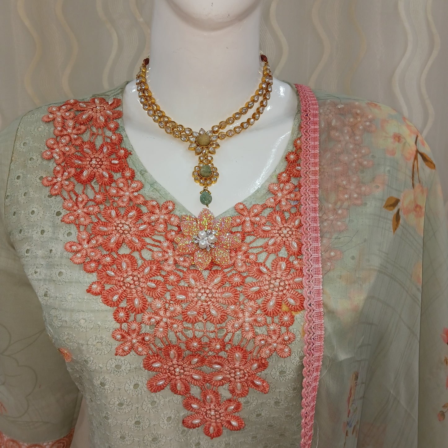 Straight Cut 3-Piece Suit with Dupatta and 3/4 Sleeves