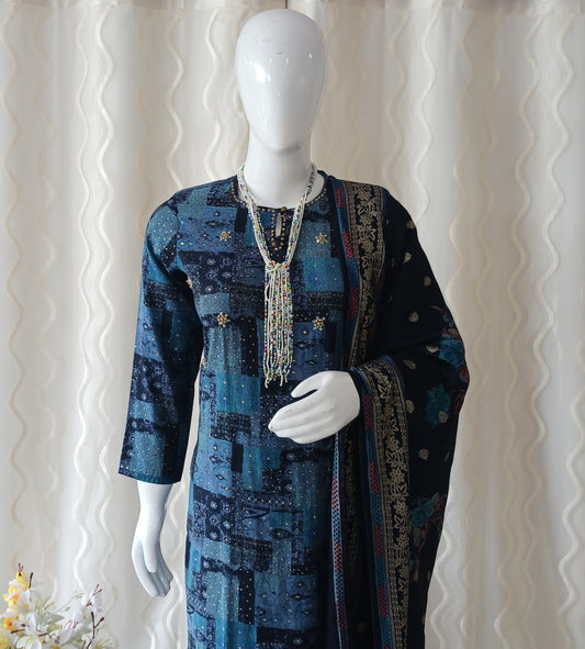 Straight Cut 3-Piece Suit with Dupatta and 3/4 Sleeves