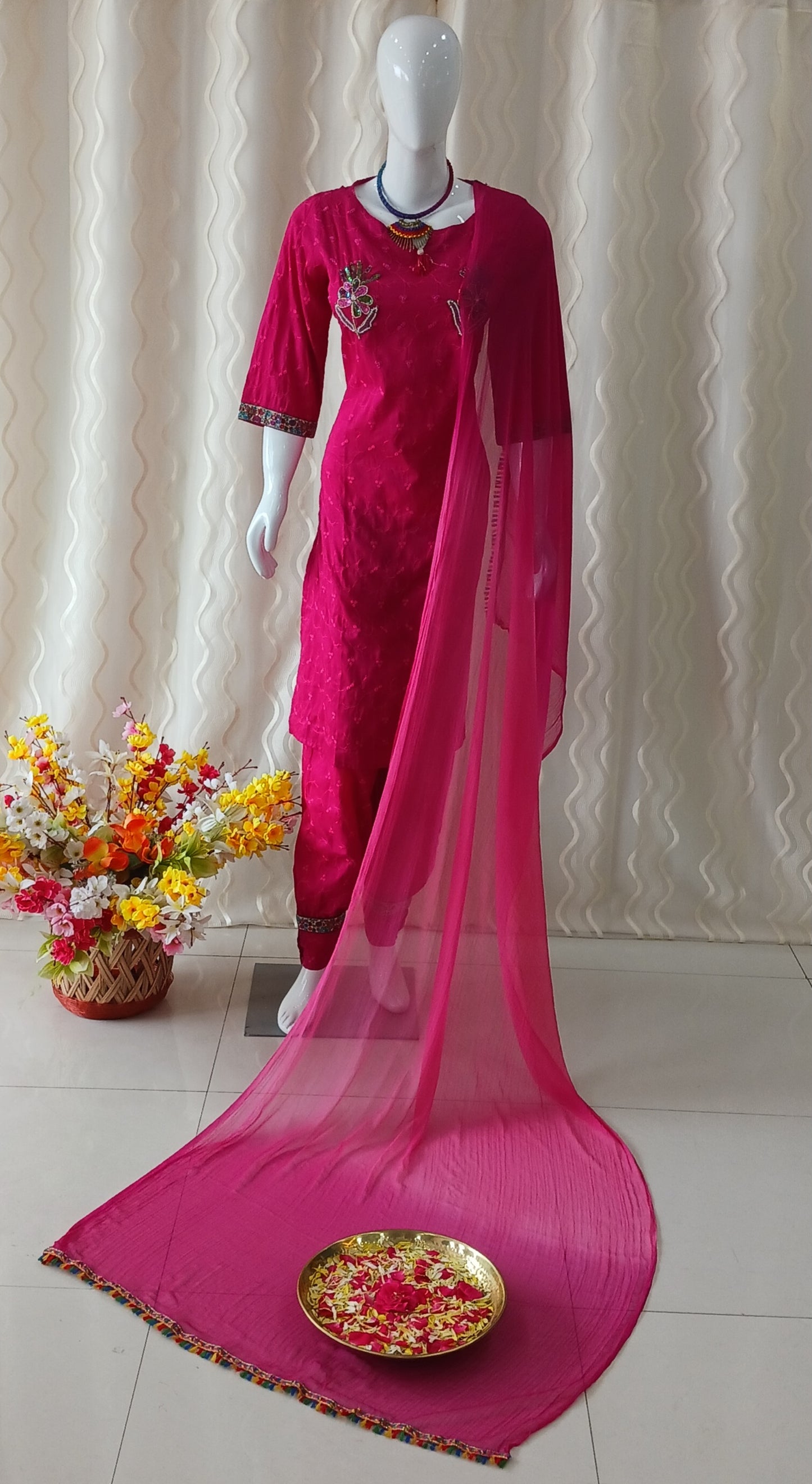 Straight Cut 3-Piece Suit with Dupatta and 3/4 Sleeves
