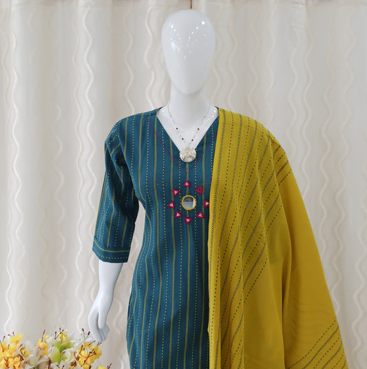 Straight Cut 3-Piece Suit with Dupatta and 3/4 Sleeves