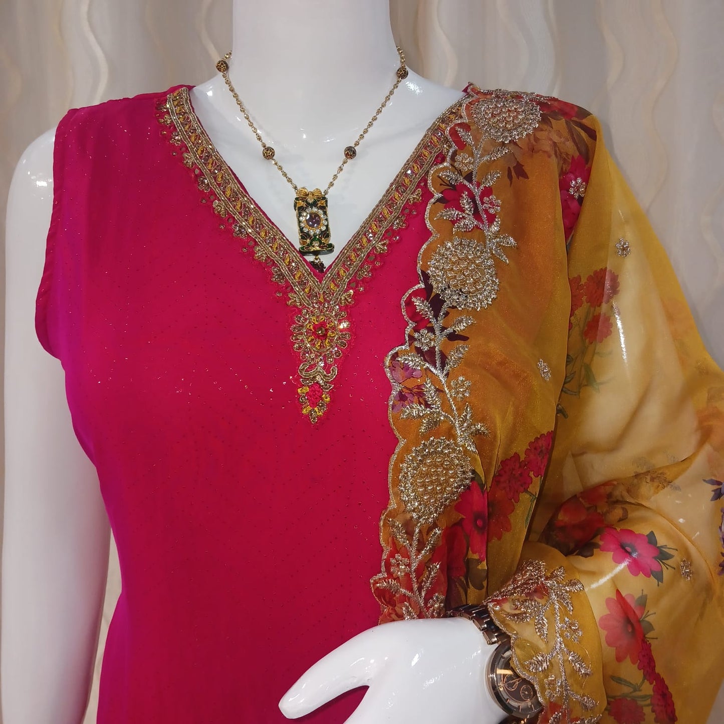 Pink 3-piece suit with contrast work yellow floral dupatta with sleeves attached