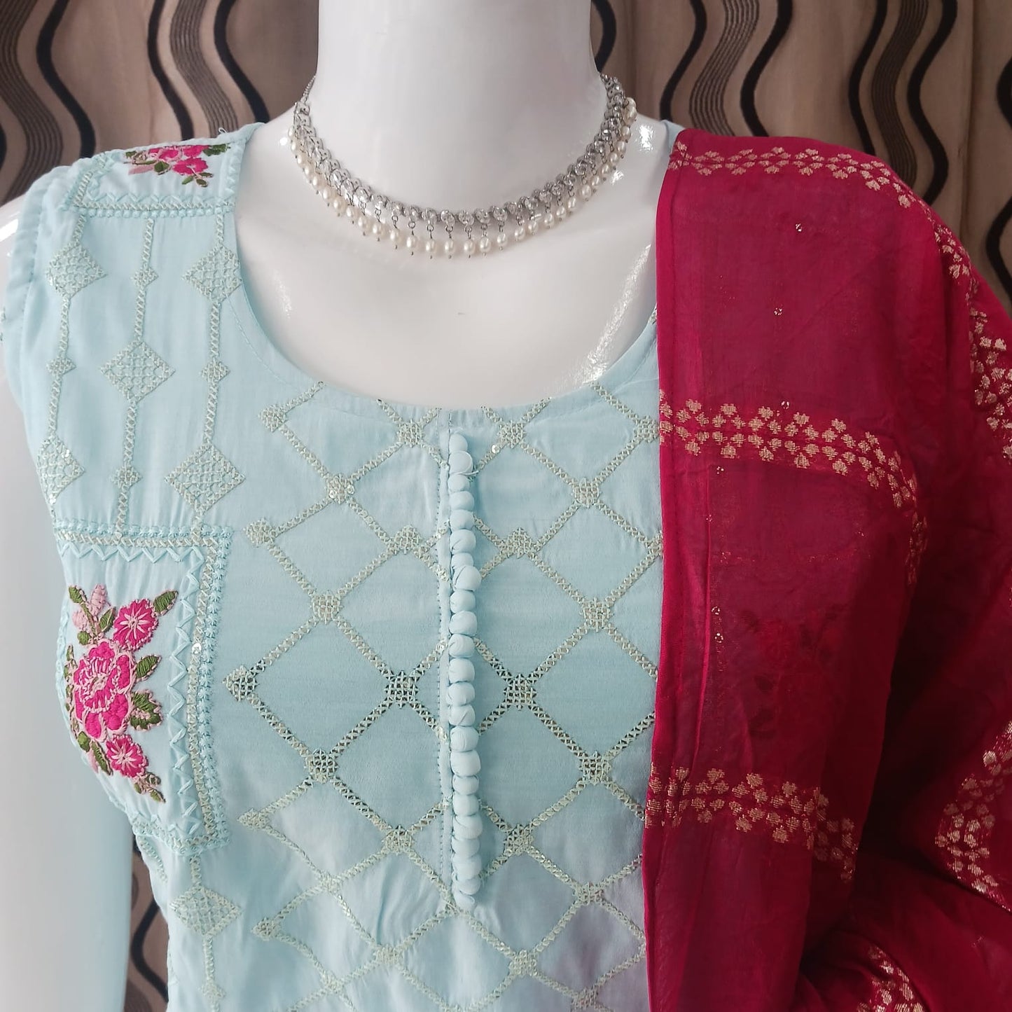 Straight cut Sky Blue with contrast Red Dupatta