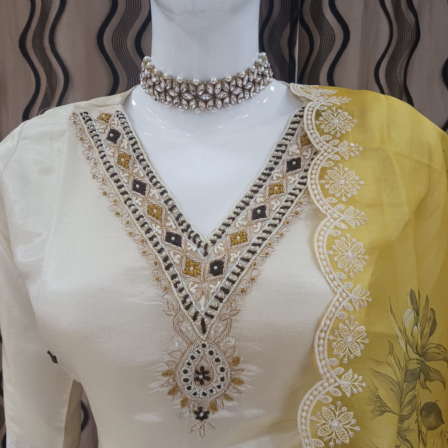 Straight cut Cream with yellow dupatta