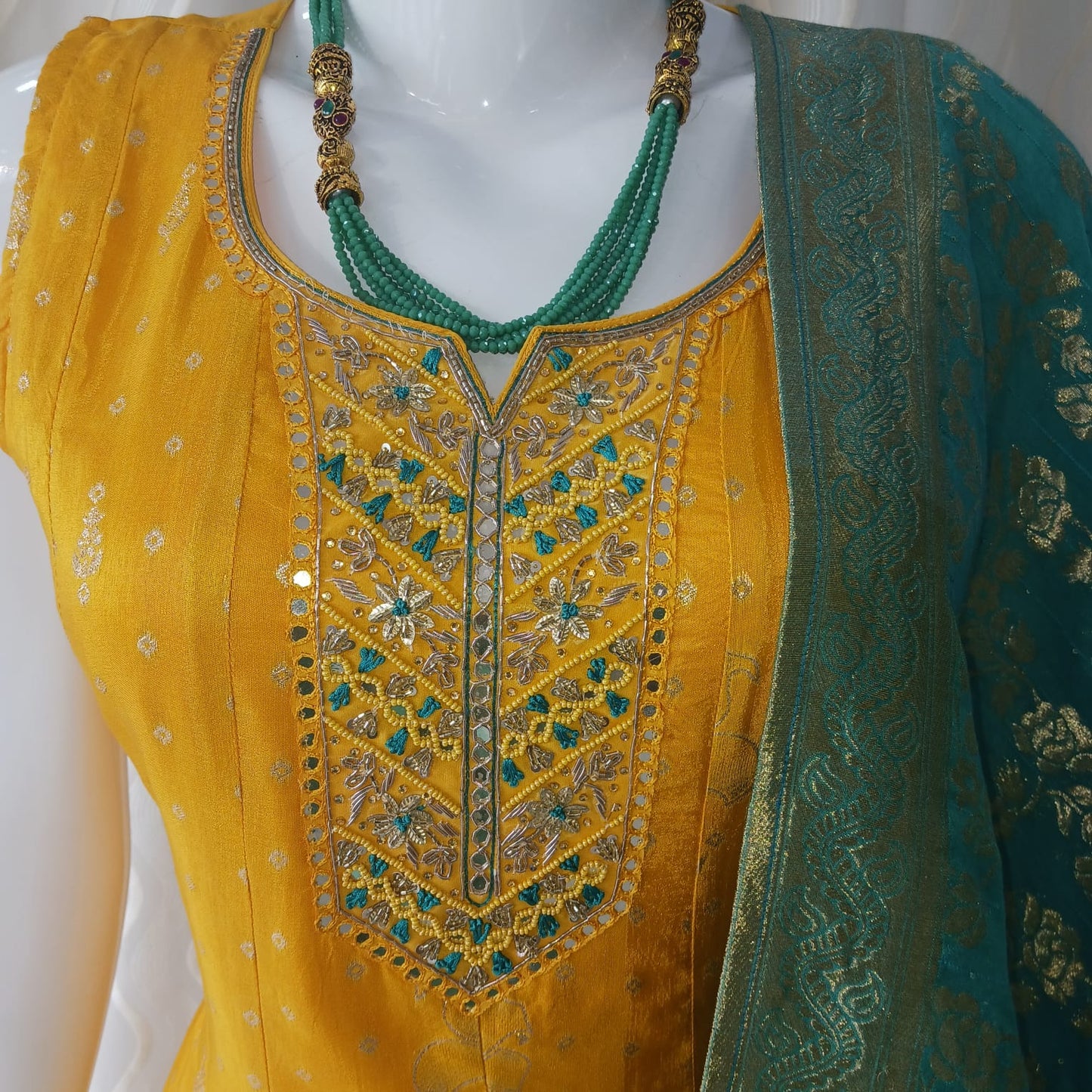 Yellow Anarkali Cut 3-piece suit with Contrast Heavy Banarsi Work Dupatta with sleeves attached