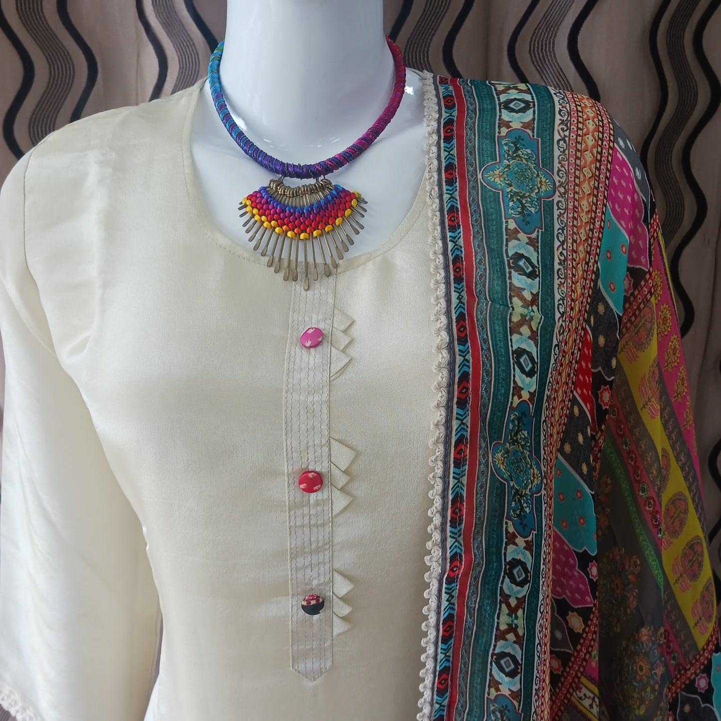 Straight cut Cream Tissue Simmer with Contrast Dupatta