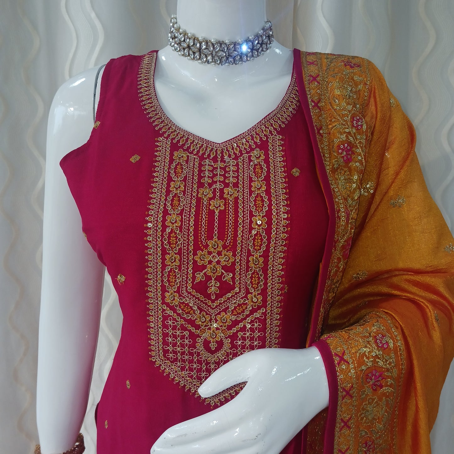 Straight Cut Pariyala 3-Piece Suit with Work Duppatta and With Sleeves Attached