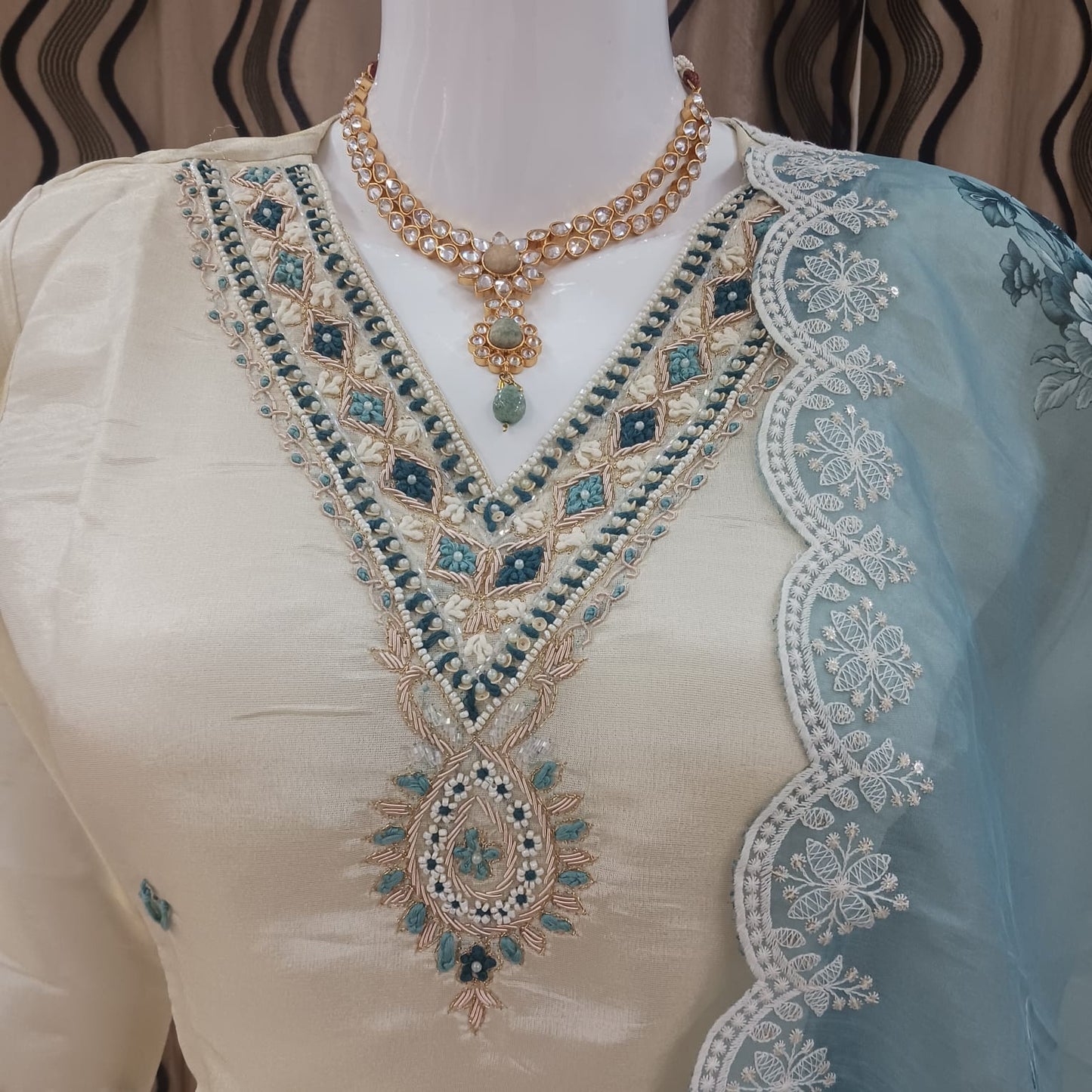 Straight cut Cream with blue Dupatta
