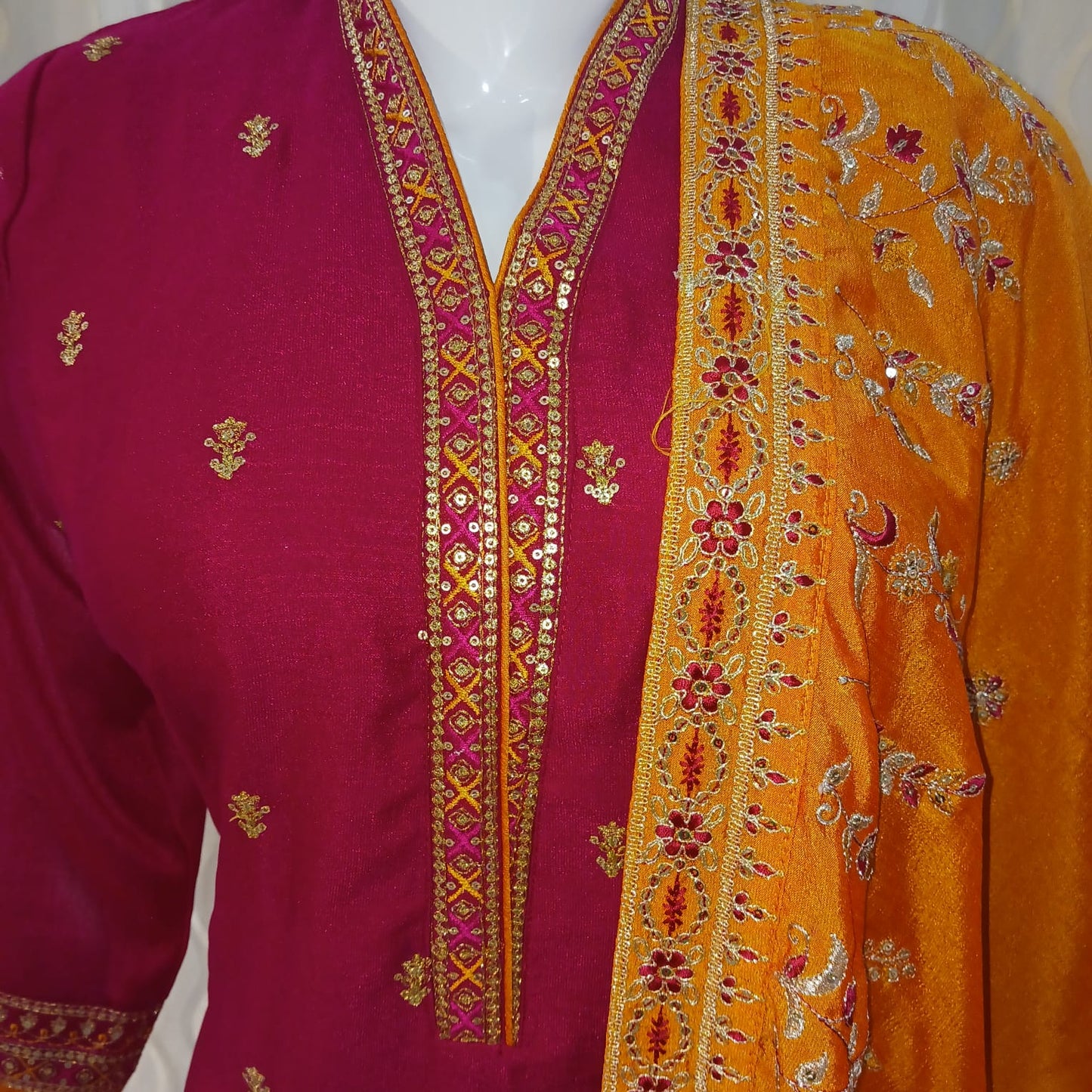 Straight Cut Pink 3-piece suit with Contrast Work Dupatta with sleeves attached.