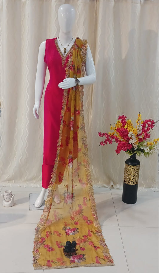 Straight Cut 3-piece suit with Contrast Work Dupatta with sleeves attached