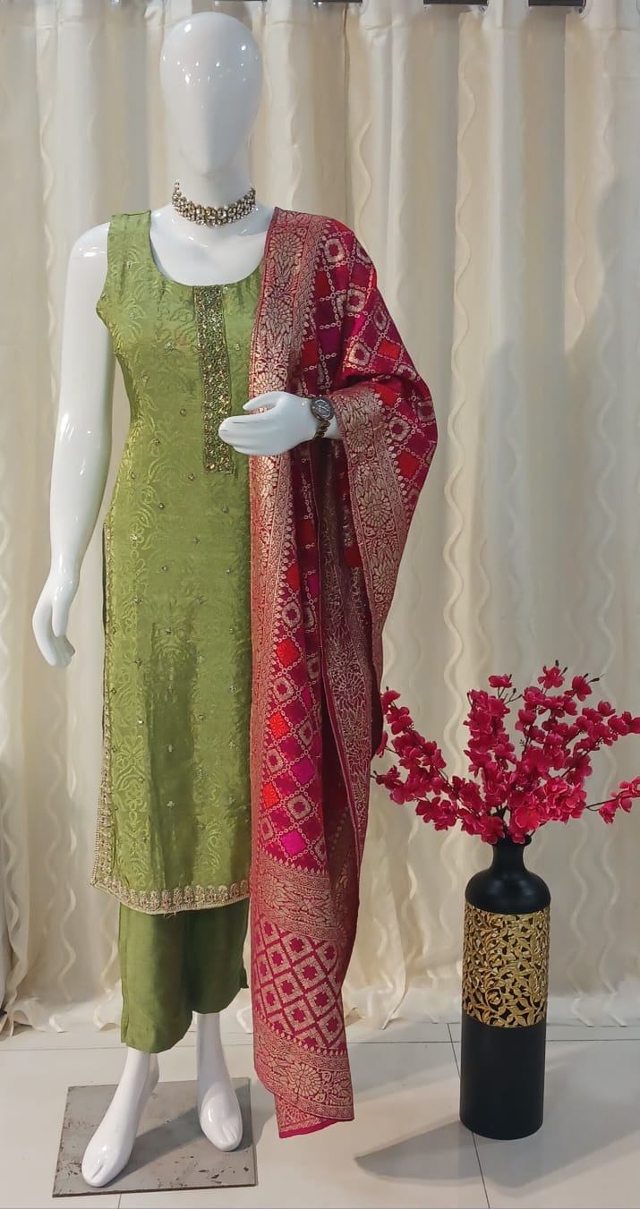 Green Straight Cut 3-piece suit with Contrast Banarsi Work Dupatta with sleeves attached