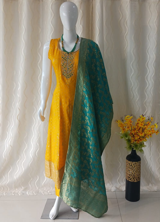 Yellow Anarkali Cut 3-piece suit with Contrast Heavy Banarsi Work Dupatta with sleeves attached