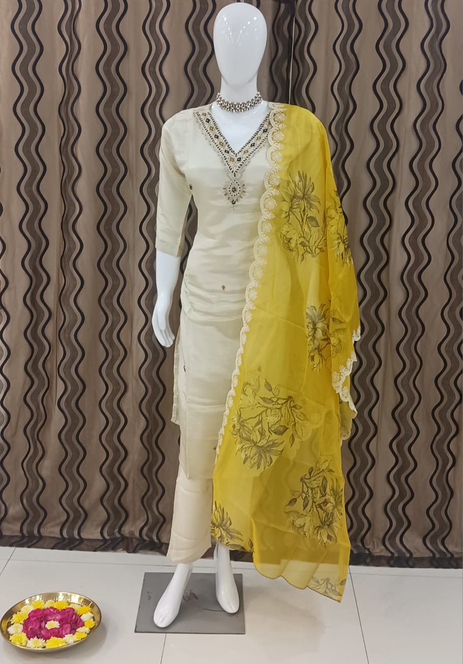 Straight cut Cream with yellow dupatta