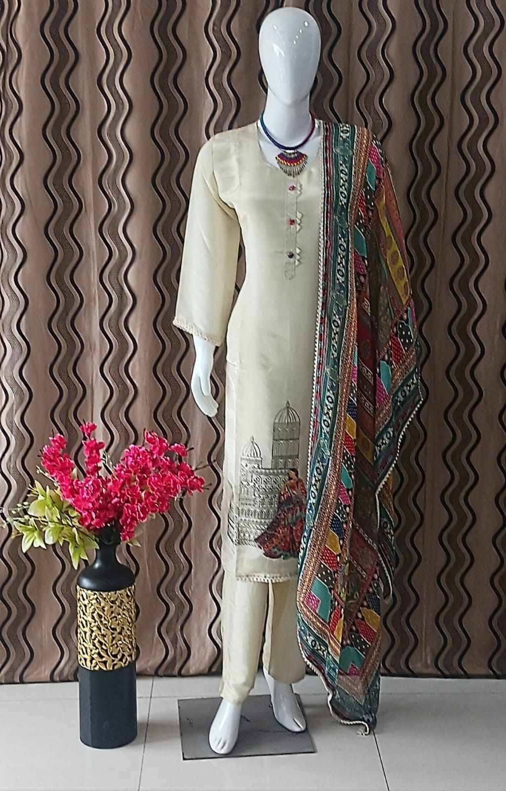 Straight cut Cream Tissue Simmer with Contrast Dupatta