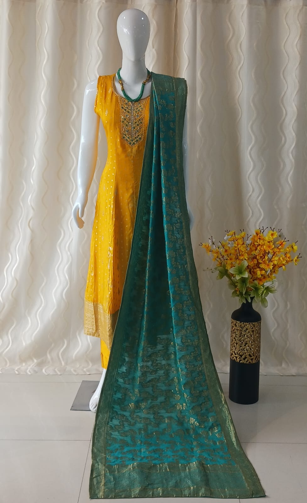 Yellow Anarkali Cut 3-piece suit with Contrast Heavy Banarsi Work Dupatta with sleeves attached