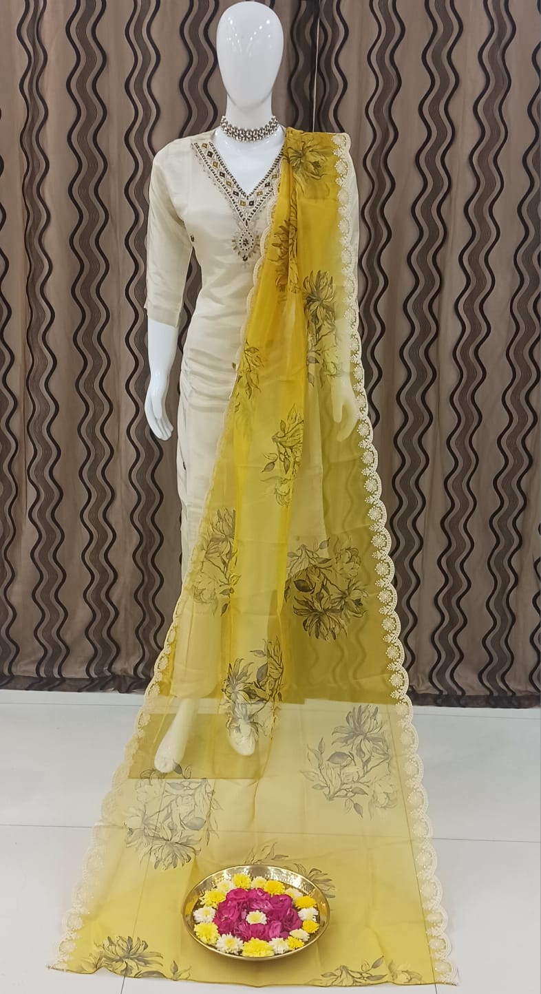 Straight cut Cream with yellow dupatta