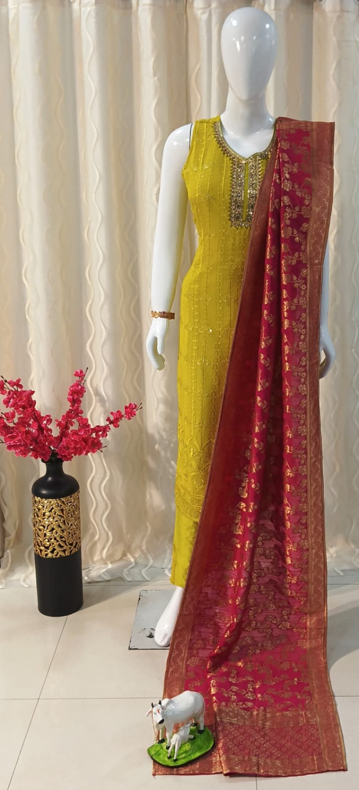 Straight Cut 3-piece suit with Contrast Banarsi Work Dupatta with sleeves attached