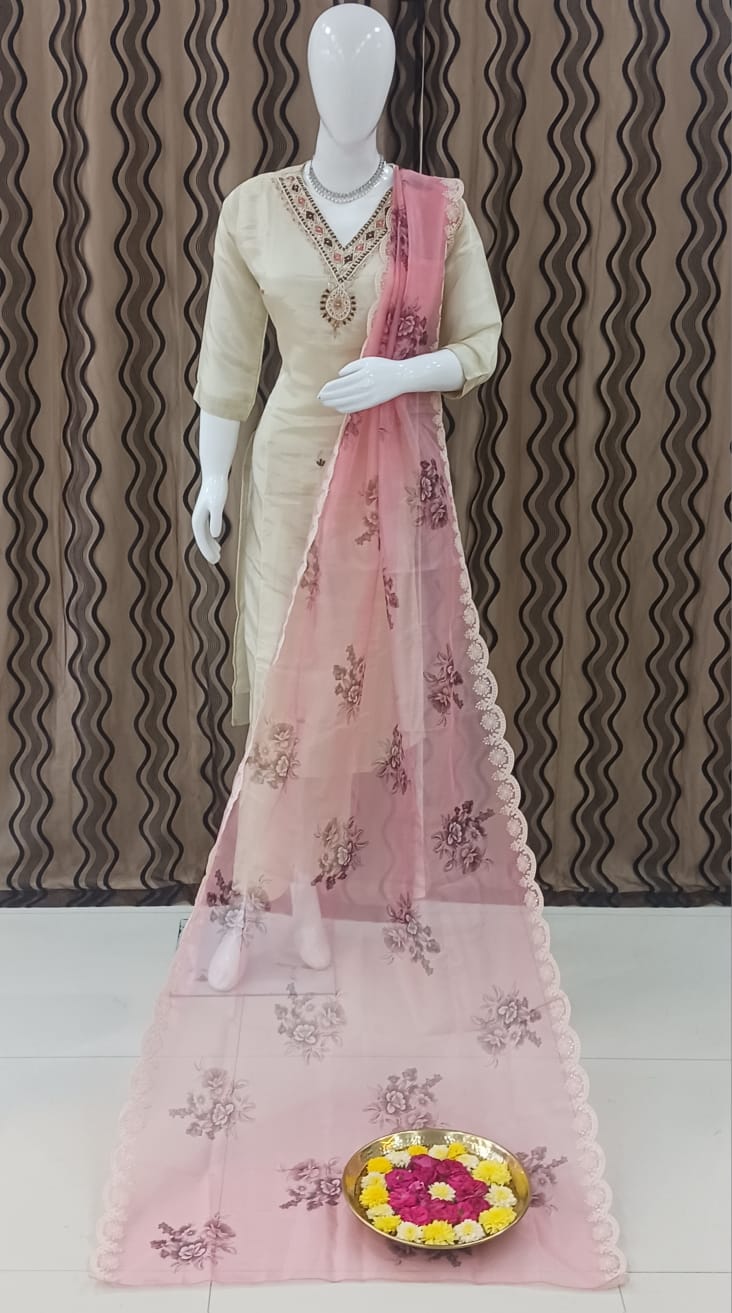 Straight cut Cream with pink dupatta