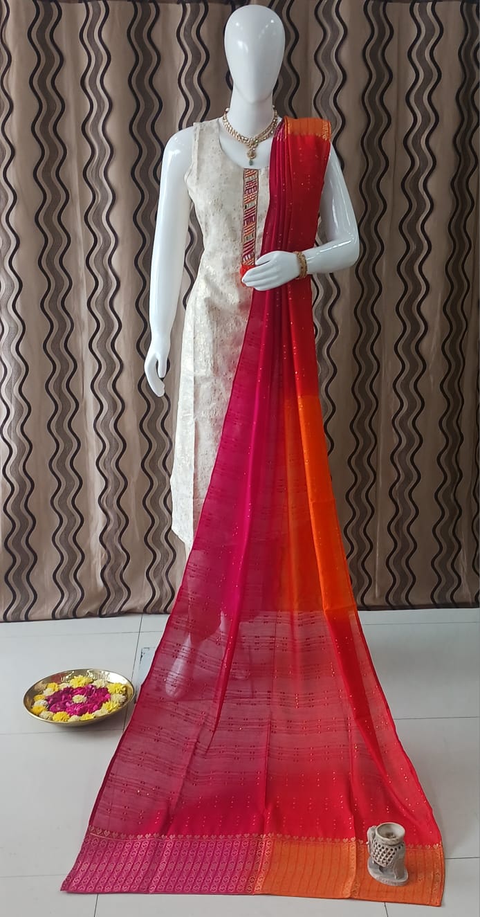 Straight cut Cream Zari & orange Dupatta