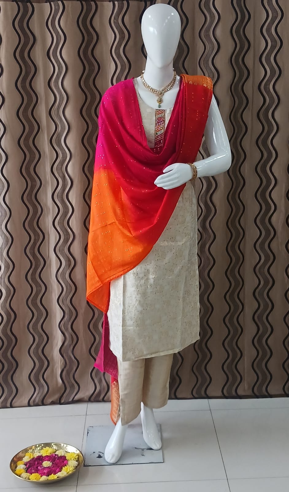 Straight cut Cream Zari & orange Dupatta