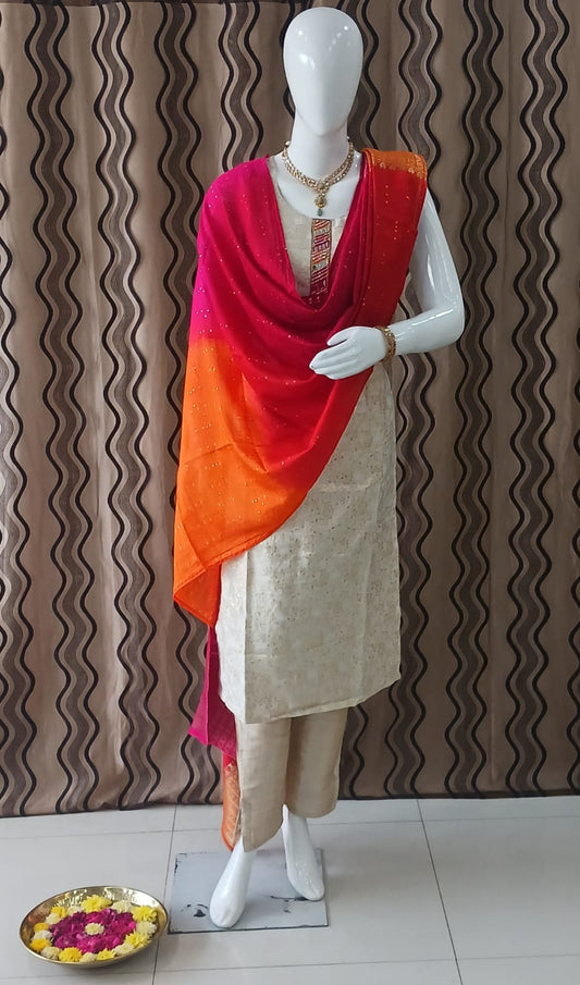 Straight cut Cream Zari & orange Dupatta